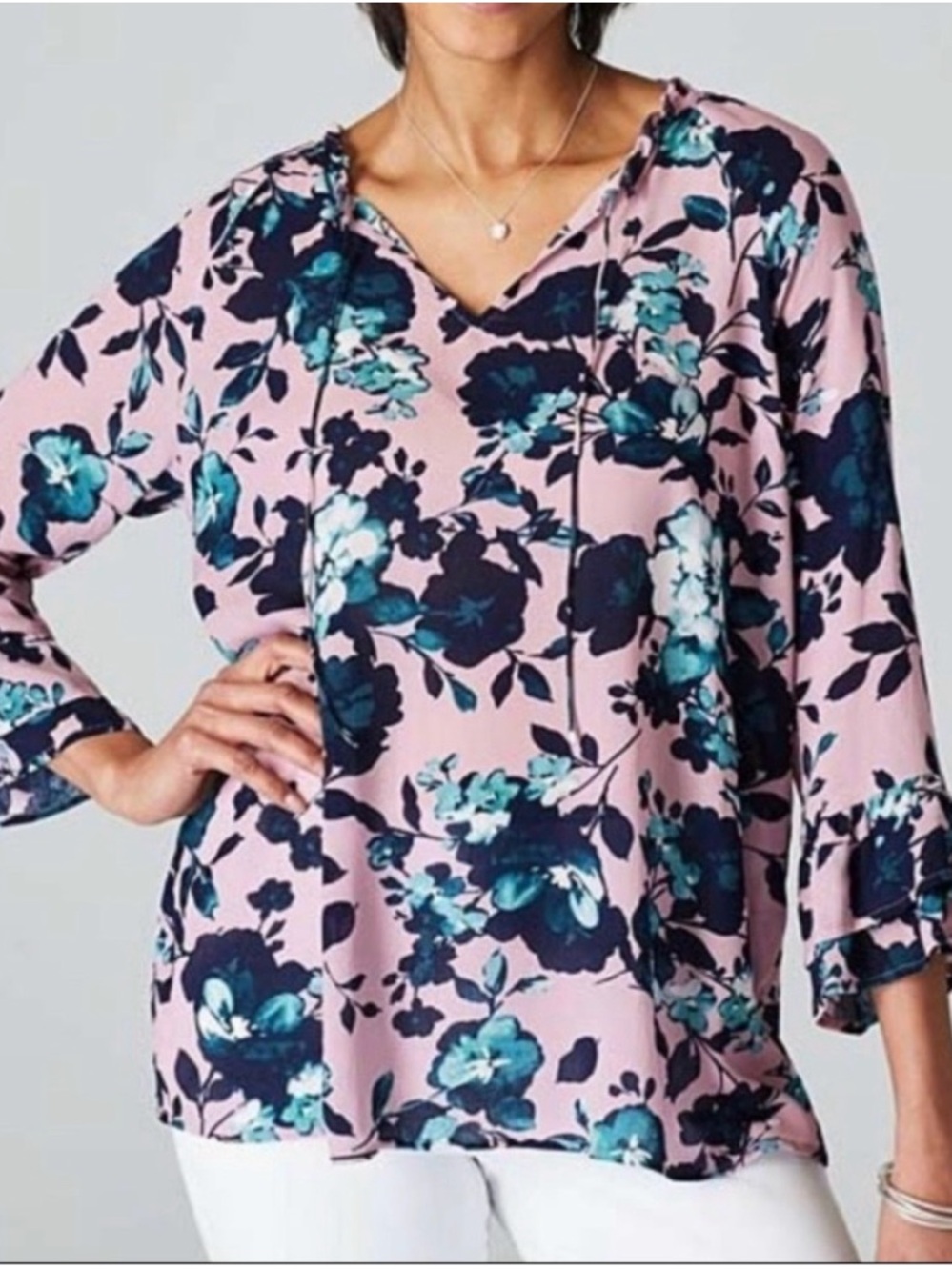 J.Jill Mauve Beautiful Blooms Floral Blouse Ruffle Sleeves Size Large